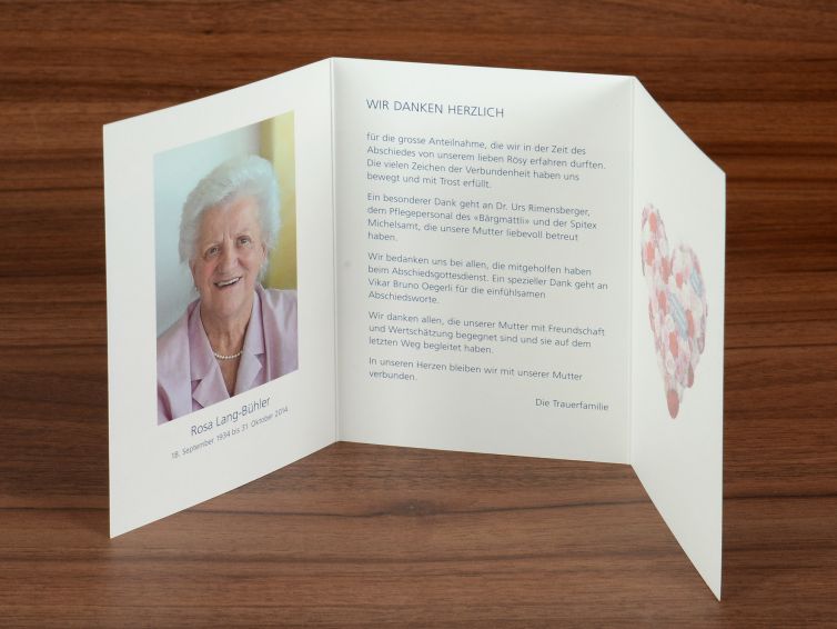 Danksagungskarten in diversen Ausführungen, Wallimann Druck und Verlag AG