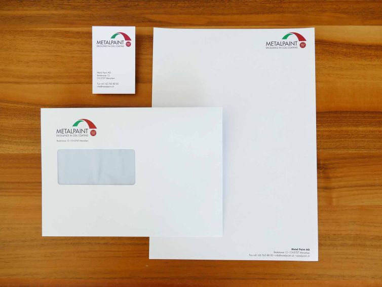 Briefschaft mit Kuvert, Briefblatt und Visitenkarte von METALPAINT.