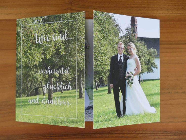 Hochzeitskarte gestaltet von der Firma Wallimann Druck mit Fensterfalz.