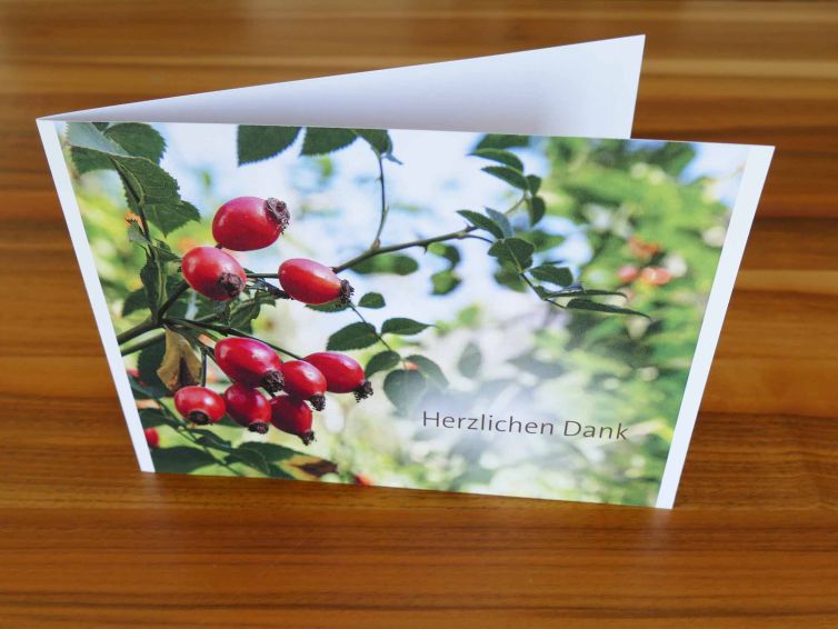 Danksagungskarte mit Hagebutten und Danke Spruch.