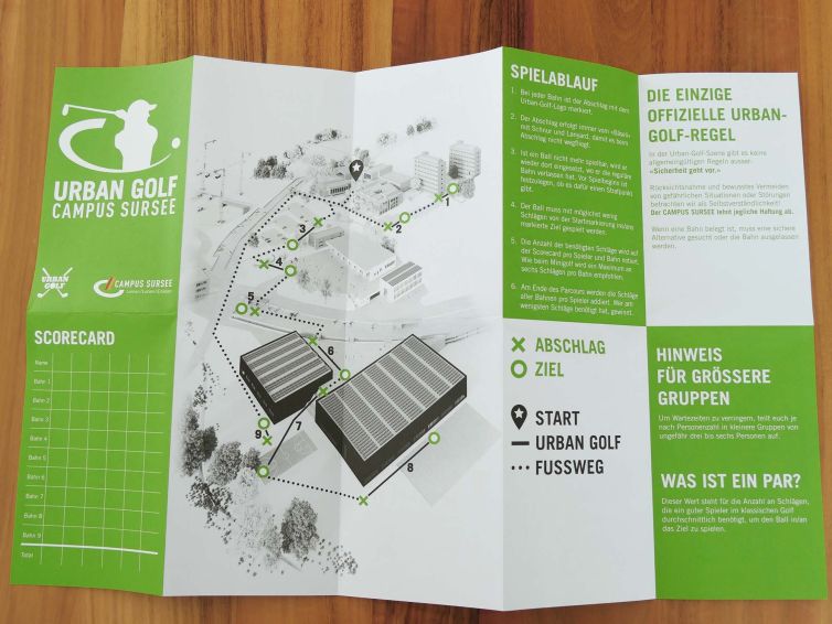 Flyer für ein Urban Golf Event auf dem Campus Sursee.