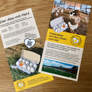 Moderner Angebotsflyer für Eier-Abo vom Hof Herzige in Rain.
